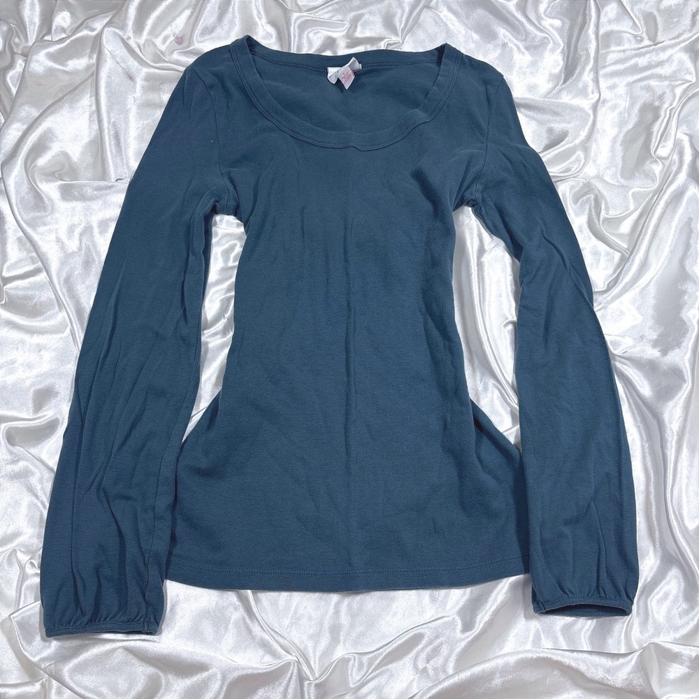 y2k Long Sleeve Top Teal Excellent One Step Up Scoop Neck Bubble Cuff Cotton